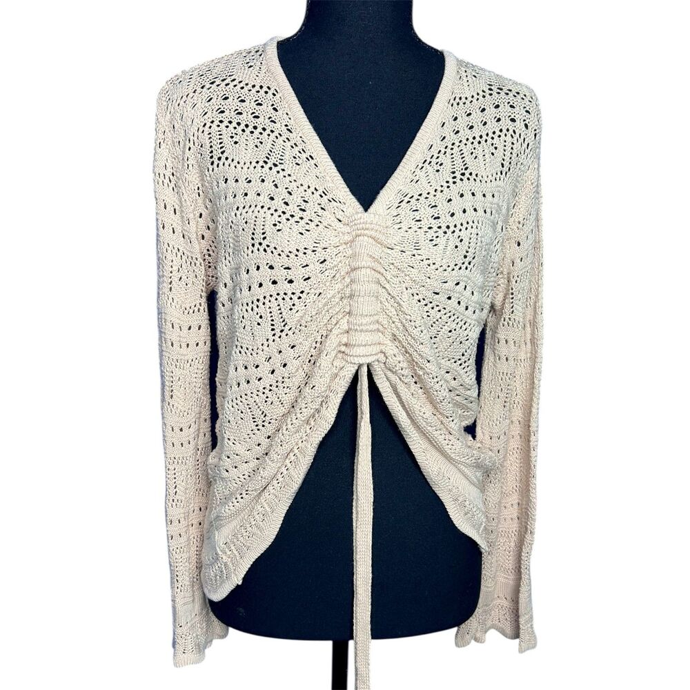 Womens Cream Crochet Open Knit Flare Sleeve Top Sz M Boho Beachy Festival Ruched